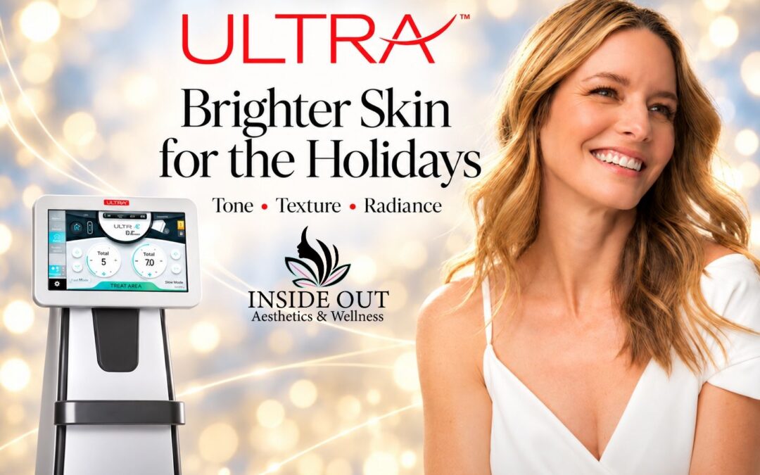 LaseMD Ultra laser device beside a woman with a bright, smooth-looking complexion.