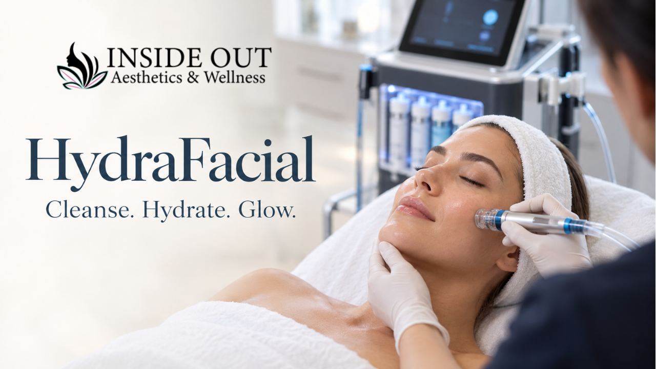 Illustration of a woman receiving a HydraFacial treatment with the machine behind her and the words “HydraFacial — Cleanse. Hydrate. Glow.”